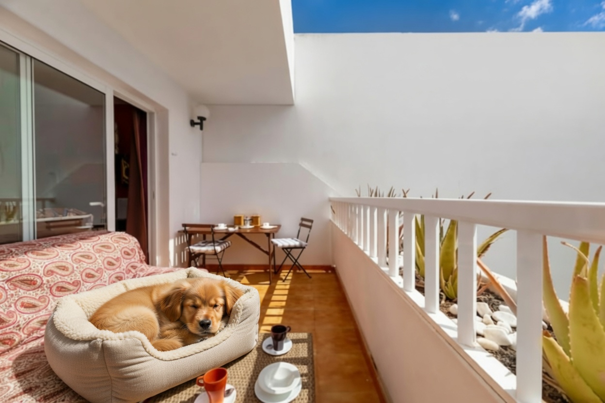 Perro descansando en su camita en la terraza del apartamento pet friendly en Costa Teguise